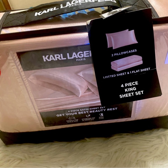 Karl Lagerfeld Satin Sheet Set King 4Pc Pink Paris Get Your Beauty Rest NEW - Picture 1 of 14